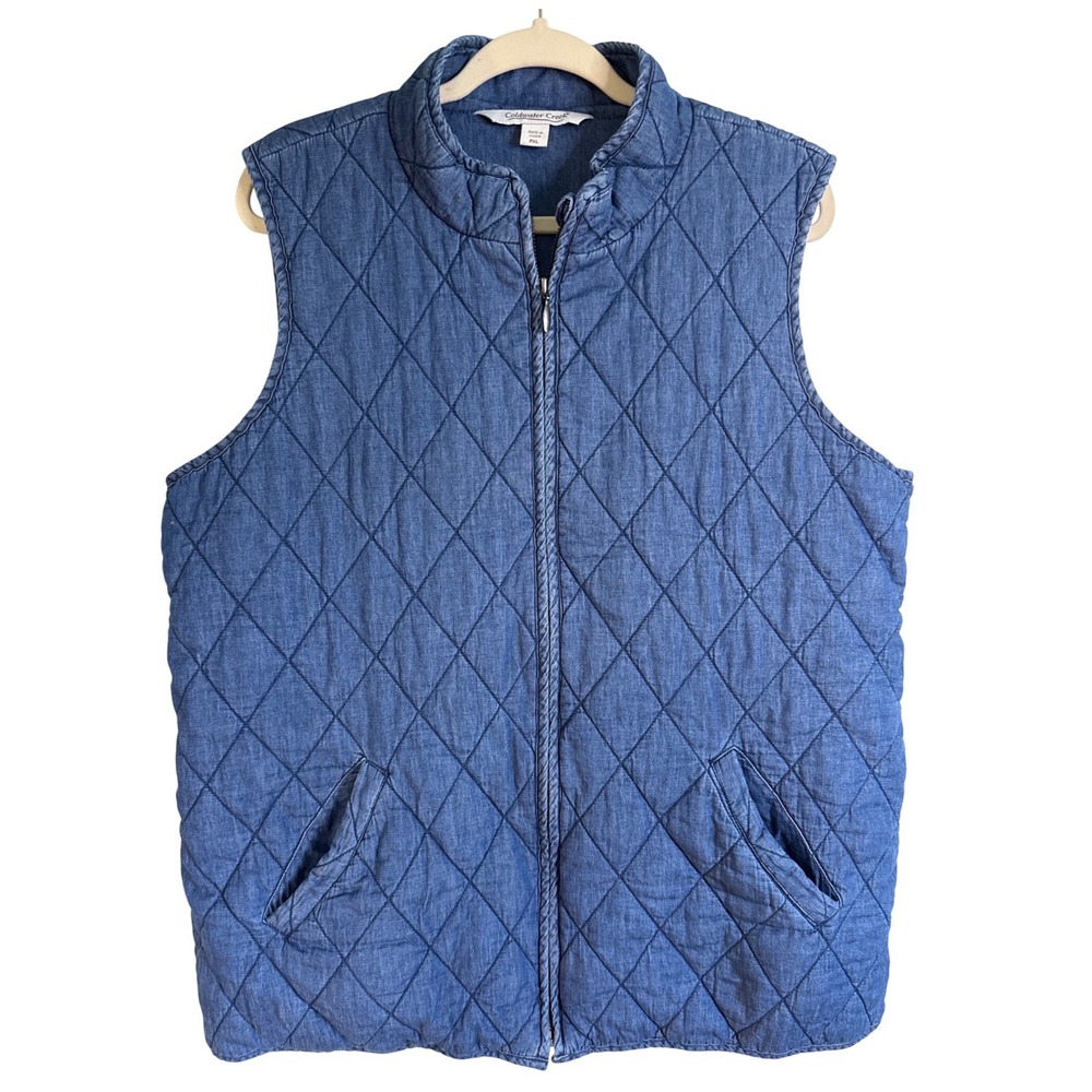 Coldwater Creek Womens Quilted Denim Vest Blue Full Zip XL P Pockets Mock Neck